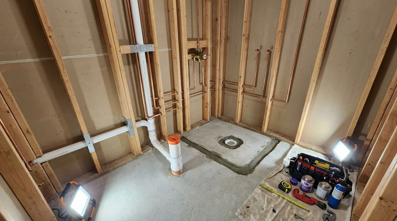 Bathroom rough-in plumbing during remodel by Johns Plumbing LLC in Wonder Lake