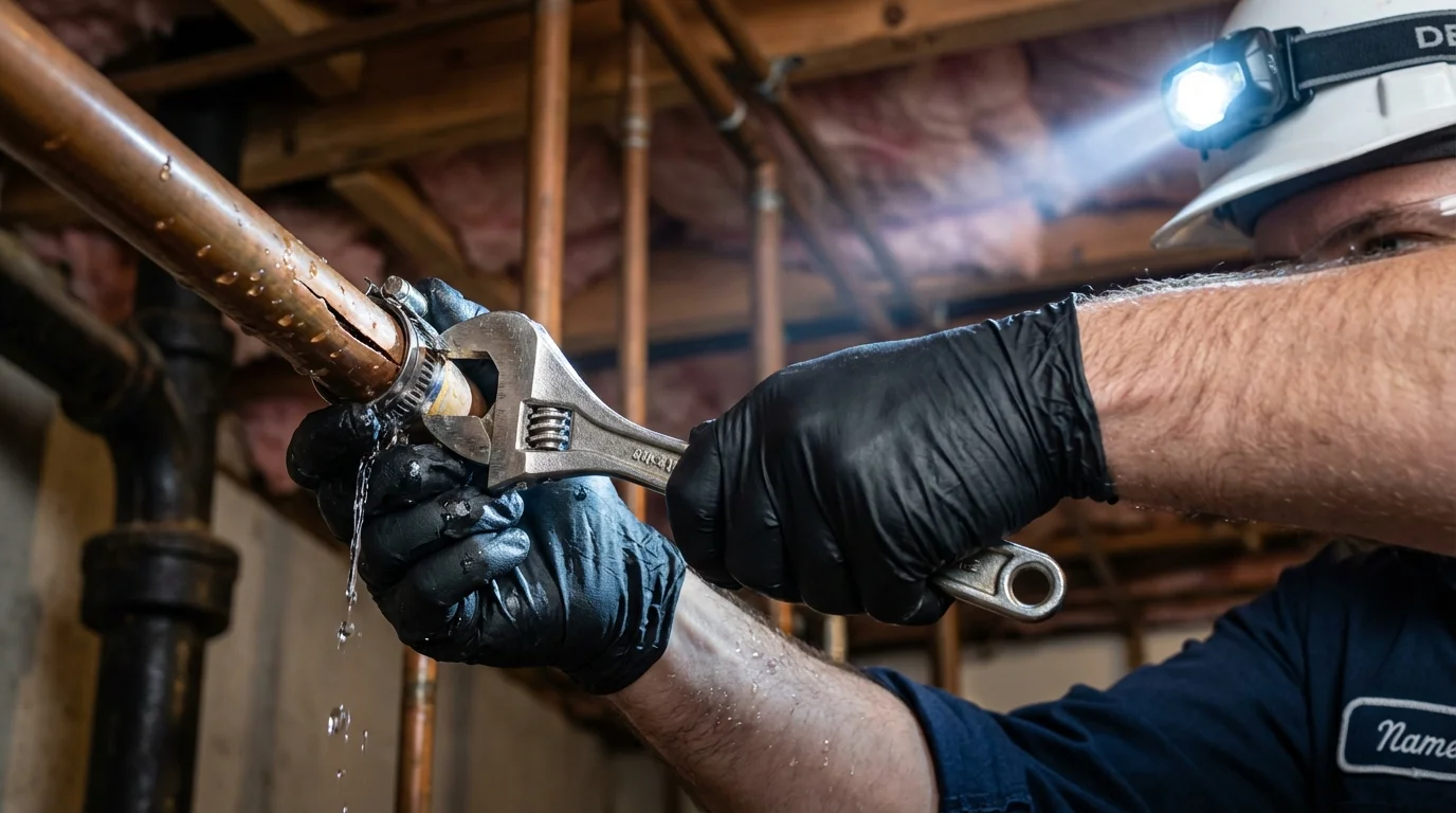 Emergency pipe clamp repair being performed by a Johns Plumbing LLC plumber in Wonder Lake