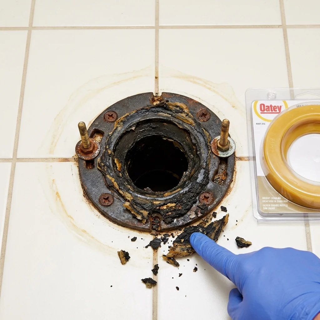 Failed wax ring showing water seepage at the base of a toilet in a Wonder Lake, IL home