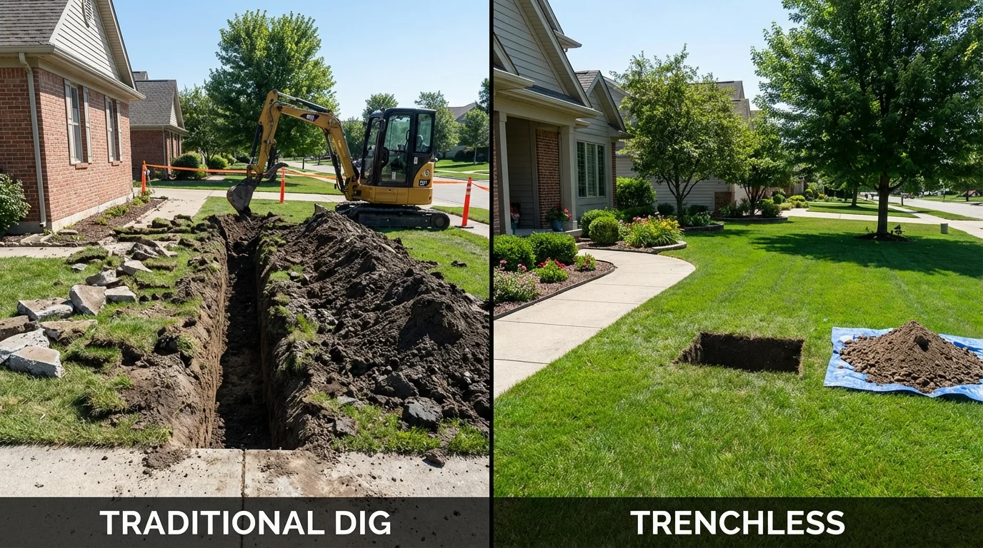 Trenchless sewer repair with minimal yard damage versus traditional excavation in Wonder Lake, IL